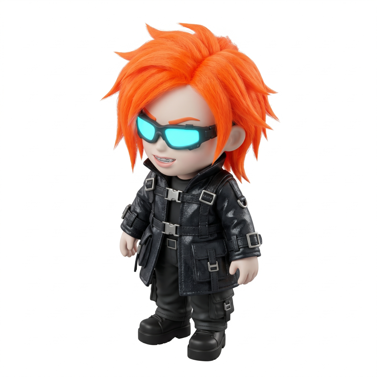 O Gus em 3D: modelo chibi de cabelo laranja, óculos ciano acesos e sobretudo preto.