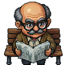 Retrato em pixel art de um homem idoso, careca, com cabelo grisalho nas laterais e óculos redondos. Ele usa um paletó marrom-oliva por cima de uma blusa avermelhada, está sentado em um banco de madeira e segura um jornal aberto nas mãos.