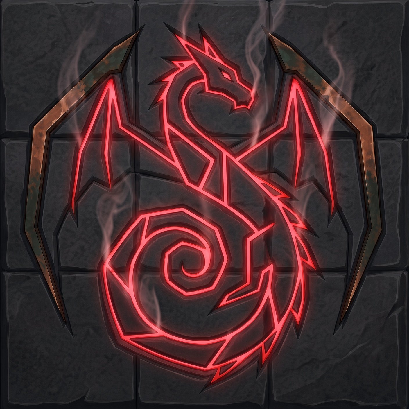 O brasão da família de Gus e o logo do jogo GusWorld: um dragão estilizado em linhas angulares, com o corpo enrolado em espiral, entalhado em relevo numa laje de pedra escura. Os sulcos do entalhe brilham em vermelho, as pontas das asas são de cobre escurecido, e fios de fumaça sobem dos sulcos.